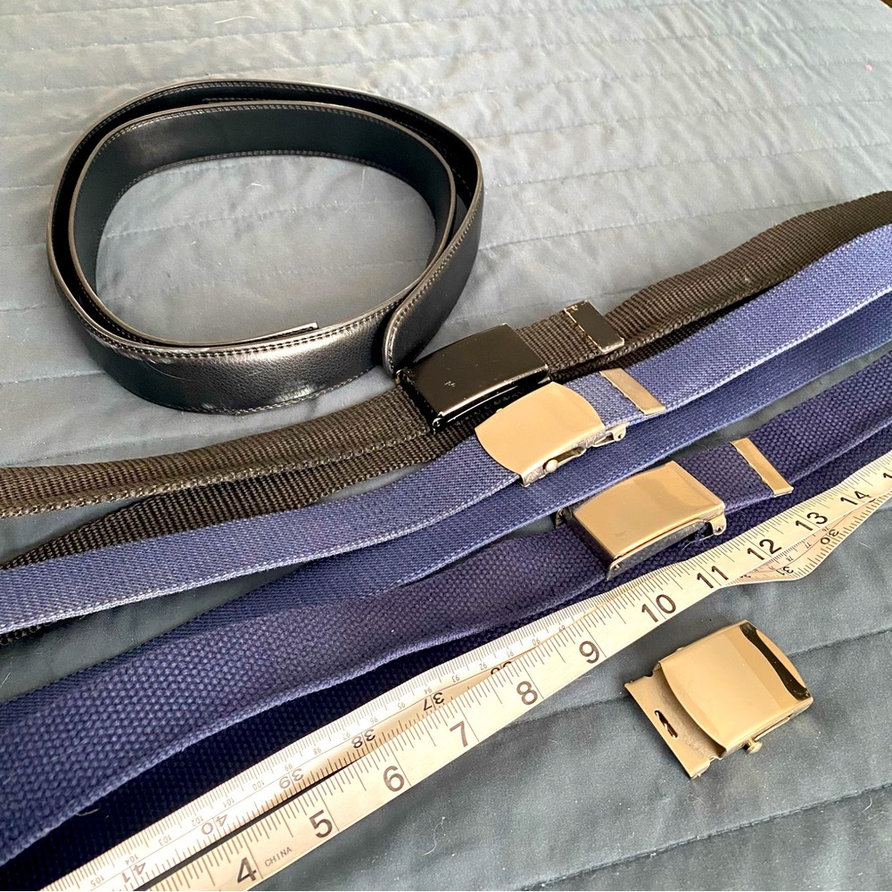 Set of 4 MEN’s belts, measuring 45” approx. blue black and taupe, mix material